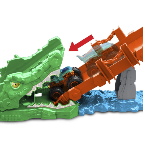 Hot wheels monster truck set de joaca provocarea crocodilului cu masinuta mega wrex [5]