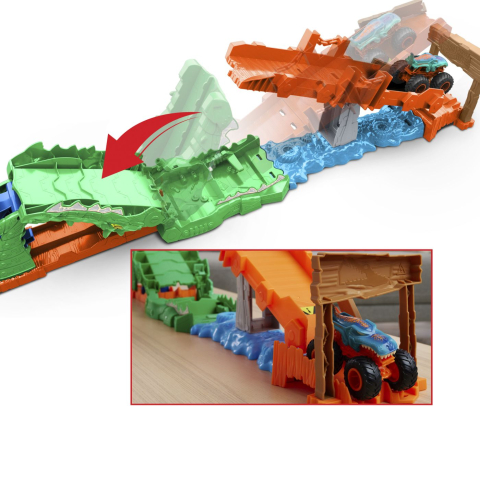 Hot wheels monster truck set de joaca provocarea crocodilului cu masinuta mega wrex [6]