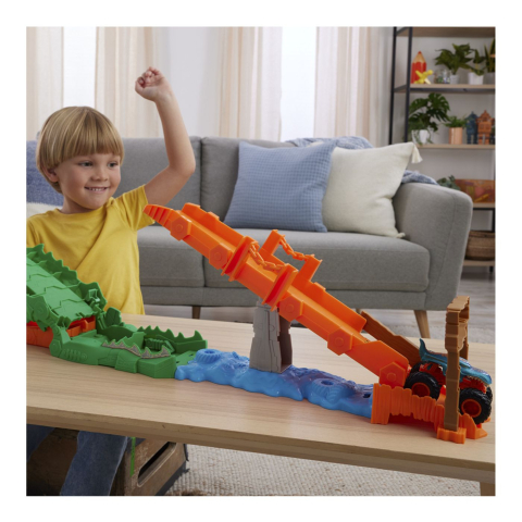 Hot wheels monster truck set de joaca provocarea crocodilului cu masinuta mega wrex [4]