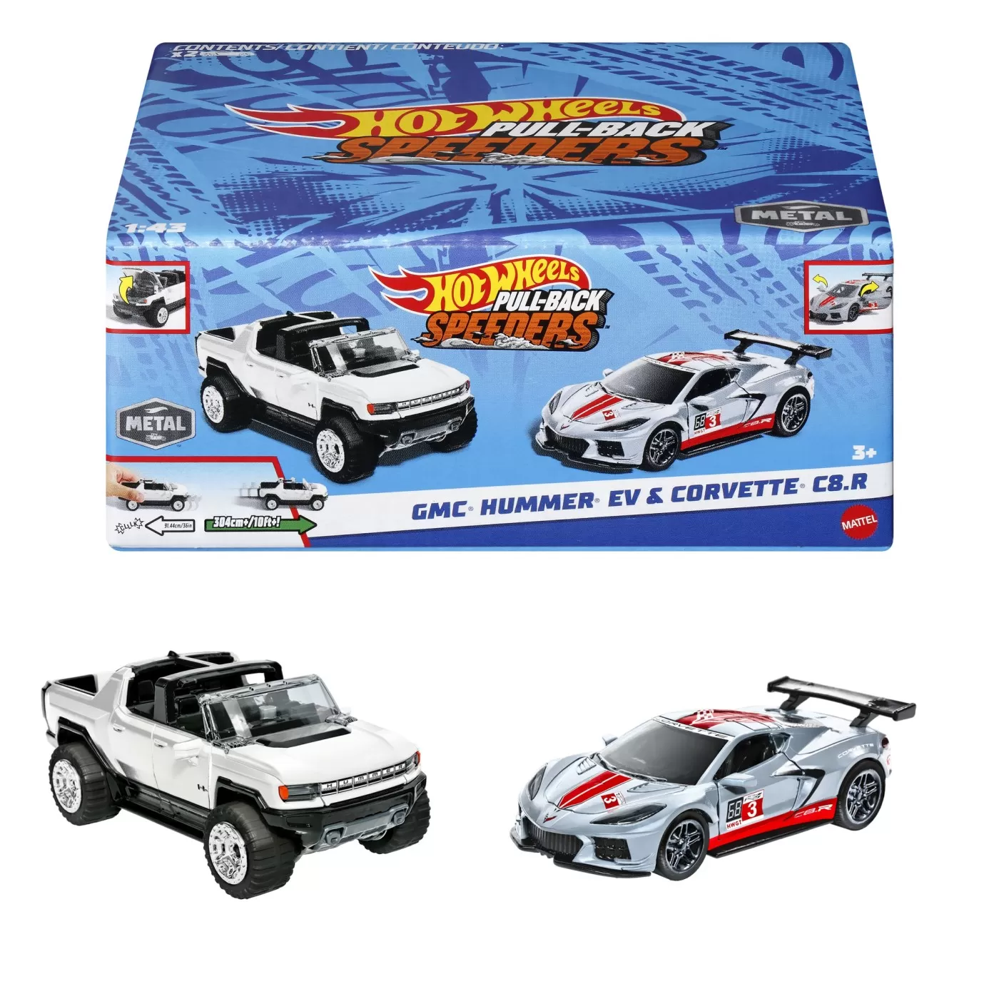 Hot wheels set 2 masinute metalice pull back gmc hummer ev si corvette c8r 1:43, varsta de la 3 ani la 7 ani [4]