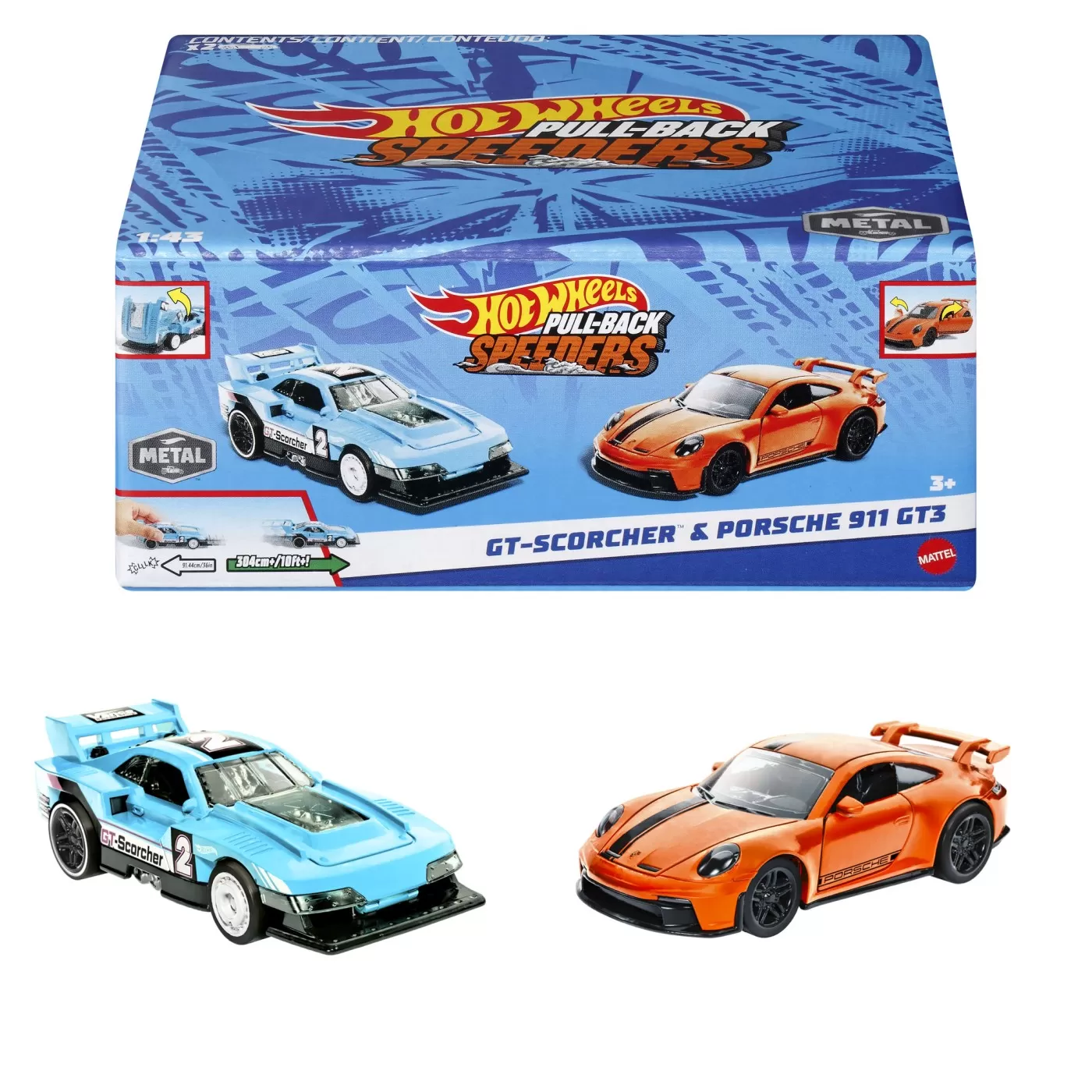 Hot wheels set 2 masinute metalice pull back gt-scorcher si porsche 911 gt3 1:43, varsta de la 3 ani la 7 ani [4]