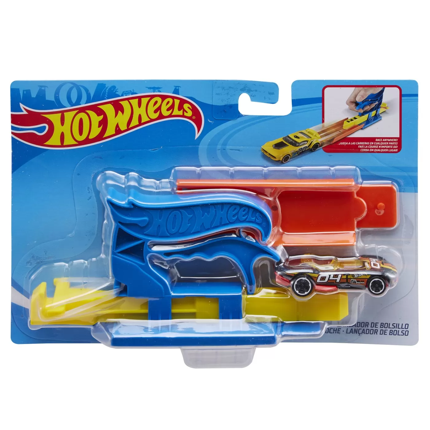 Mașinuțe copii, Camioane de Jucărie - Hot wheels set lansator portabil albastru si masinuta, varsta de la 4 ani la 8 ani