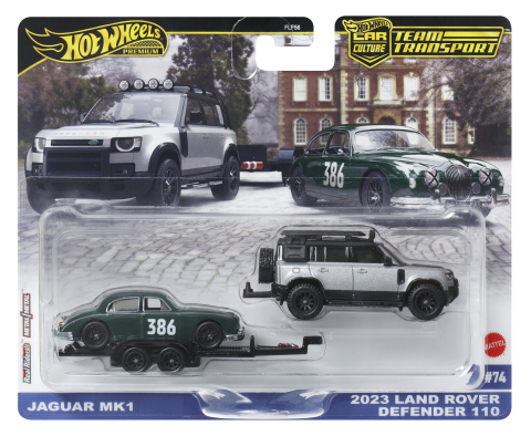 Jucării și Jocuri pentru copii - Hot wheels transportator land rover defender 110 2023 cu masinuta jaguar mk1 scara 1 la 64 copii cu varsta peste 3 ani
