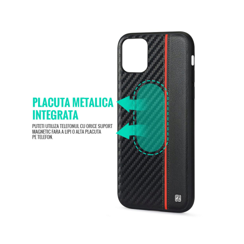 Husa iPhone 11 Pro Max Meleovo Carbon Black & Red (placuta metalica integrata) [3]