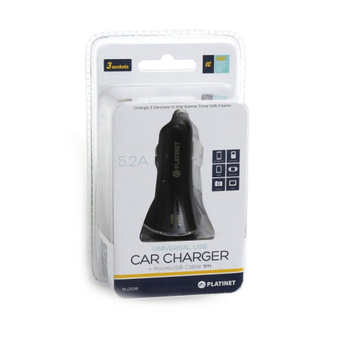 Incarcator auto Platinet PLCR3B 43721, 3x USB, incarcare rapida 5.2A, cablu 1m micro USB, negru [2]