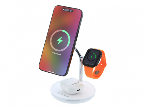 Incarcatoare - Încărcător wireless birou Tellur, 3-in-1, certificat MagSafe 15W, Watch 2.5W, TWS 5W, alb