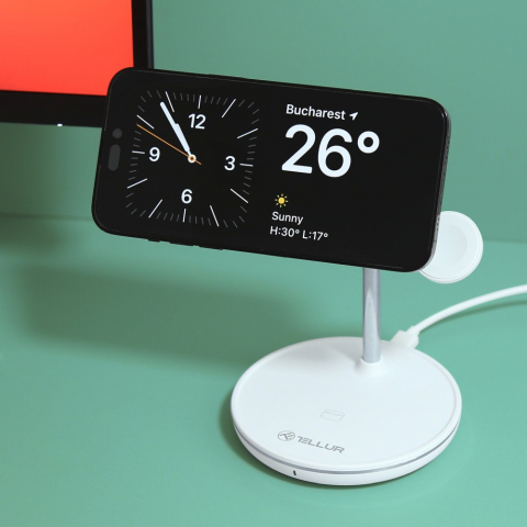 Încărcător wireless birou Tellur, 3-in-1, certificat MagSafe 15W, Watch 2.5W, TWS 5W, alb [2]