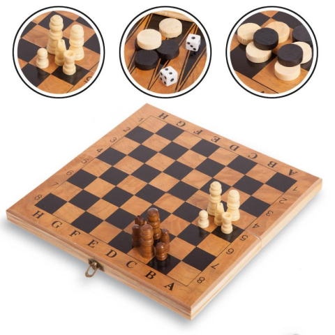 Jucării și Jocuri pentru copii - Joc 3in1 - Sah, Dame si Table - CNX, cutie lemn maro, inchidere magnetica, 24x24cm, 3+ ani, S2414