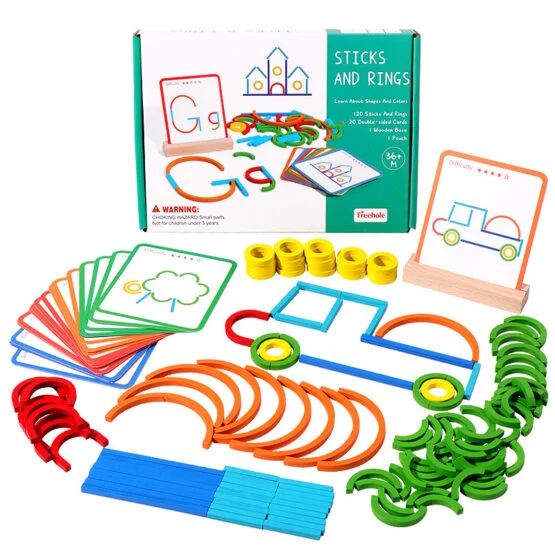 Jucării de potrivire și asociere - Joc educativ Sticks and Rings – Piese din lemn si cartonase ilustrate