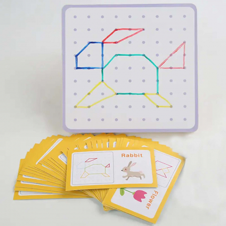 Cadouri Jucării Copii Grădiniță - Geoboard din lemn cu elastice colorate, 54 de carduri cu imagini