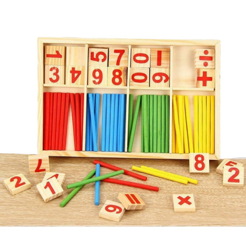 Jucării și Jocuri pentru copii - Joc educativ - Invata matematica - CNX, betisoare si cifre, din lemn, 72 de piese, multicolor, 3+ ani