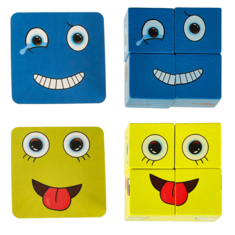 Joc emotii copii 3 ani+, expresii faciale, cuburi lemn, 26 carduri, cutie metalica [5]