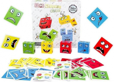 Jucarii dezvoltare imaginatie - Joc Expresii Faciale - Educativ cu Cartonase si Cuburi din Lemn, 3 Ani+