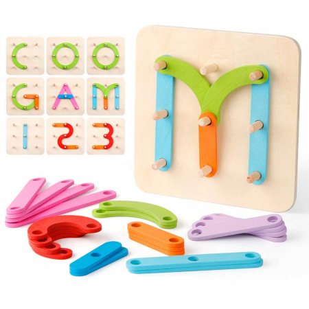 Joc Montessori cu placa geoboard din lemn Alfanumerica si Forme. [6]