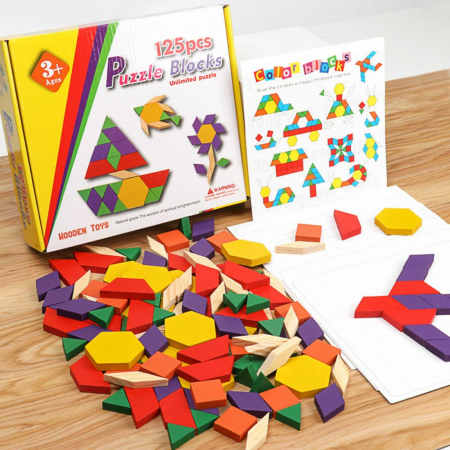 Joc Tangram și Domino Copii - Joc Tangram,❤️ Puzzle Lemn Tangram cu 125 piese.