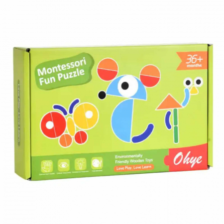 Joc Tangram și Domino Copii - Joc Puzzle Tangram ⭐ Montessori din Lemn cu 39 piese.