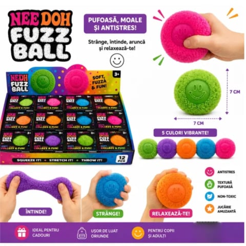 Jucarii antistres - Nee Doh Fuzz Ball 7 cm, Minge Antistres Pufoasa, Smiley Face