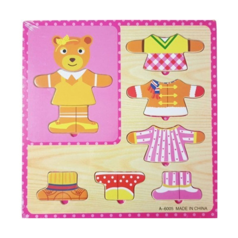 Jucării și Jocuri pentru copii - Jucarie bebelusi din lemn - puzzle iepure/urs + haine fetita, multicolor - MegaCreative 462774, 10+8piese, 18+ luni