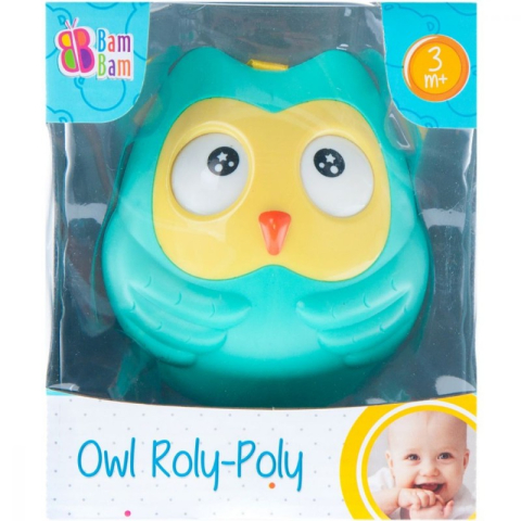 Jucării și Jocuri pentru copii - Jucarie bebelusi roly-poly - bufnita, cu agatatoare, galben/verde - Bam Bam 466605, 3+ luni