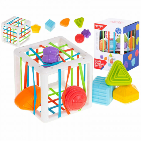 Jucării și Jocuri pentru copii - Cub Senzorial Montessori cu Forme si Benzi Elastice, 7 Piese, 12 luni+