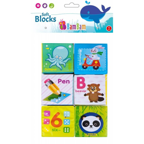 Jucării și Jocuri pentru copii - Jucarie de baie bebelusi - cuburi moi cu animale, cifre si litere, set 6 buc - Bam Bam 432485, 6+ luni