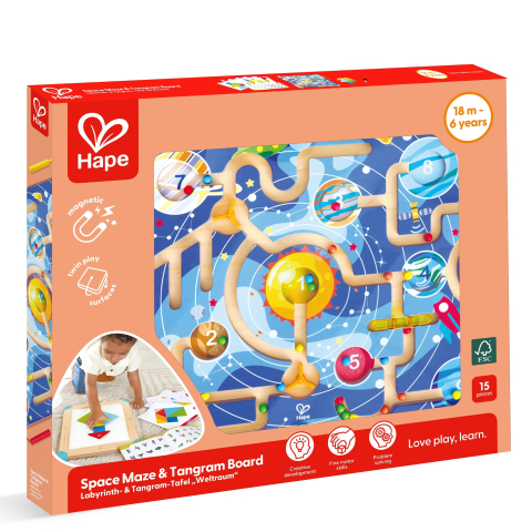 Jucării și Jocuri pentru copii - Jucarie din lemn - 2 in 1 Space Maze & Tangram Board varsta 18 luni+,3 ani+