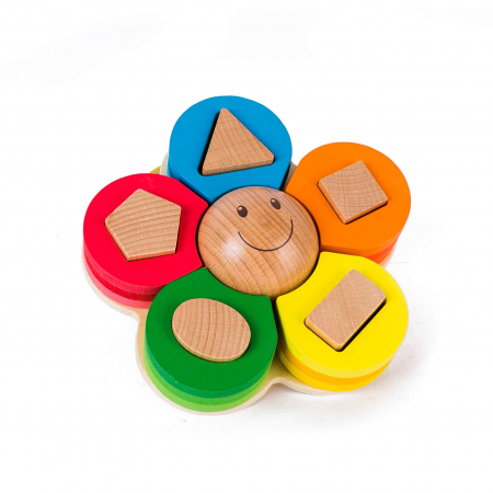 Jucarie lemn sortator coloane cu forme geometrice si culori, forma floare [0]