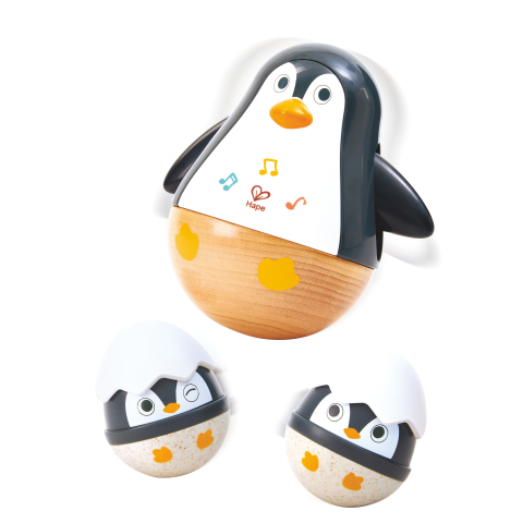 Jucarii motrice, sortare si indemanare bebelusi - Jucarie din lemn - Familia de Pinguini Hopa Mitica, copii varsta 1 an+,6 luni+