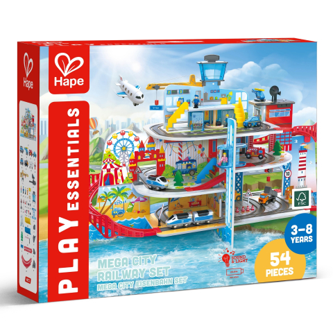 Jucării și Jocuri pentru copii - Jucarie din lemn - Tren Mega City (55 piese), copii varsta 3 ani+,6 ani+,8 ani+