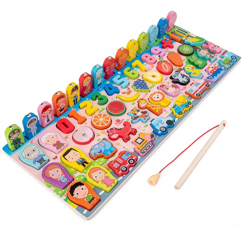 Jucării Montessori si Activități - Placa logaritmica din lemn 6 in 1 cu pescuit si cifre – Engleza