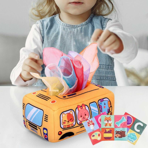 Jucării și Jocuri pentru copii - Jucarie senzoriala bebe Cutia cu batiste Montessori | Jucarie educativa 0 luni+