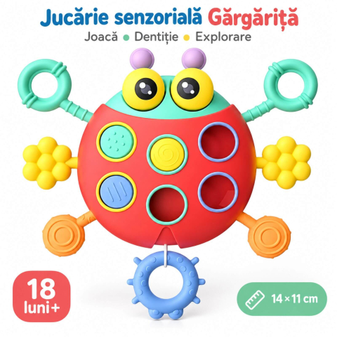 Jucarii motrice, sortare si indemanare bebelusi - Jucarie Dentitie Senzoriala Bebelusi - Crab, 14 cm, Silicon, 18 luni+