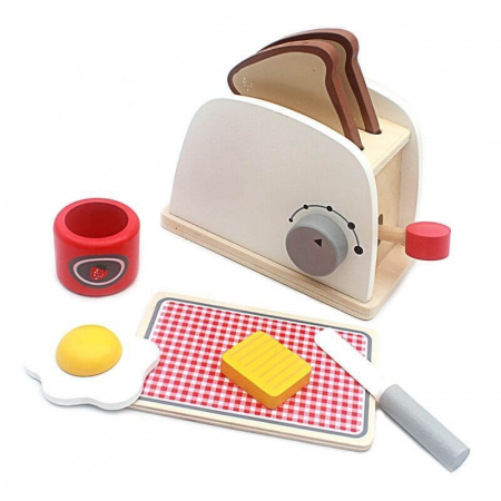 Jucarie toaster prajitor paine din lemn cu accesorii mancare de jucarie. [0]