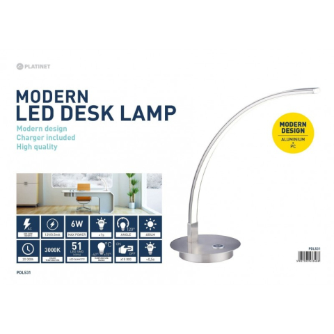 Lampa led pentru birou Platinet PDL531 / 43606, 6W, forma curbata, lumina calda 3000K, aluminiu, PVC, 50cm [2]