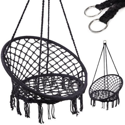 Casă, gradină și bricolaj - Leagan Suspendat, Balansoar Interior/Exterior, Bumbac si Metal, Maxim 150kg, 80cm, Negru