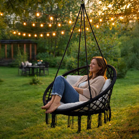 Leagan Suspendat, Balansoar Interior/Exterior, Bumbac si Metal, Maxim 150kg, 80cm, Negru [2]