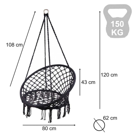Leagan Suspendat, Balansoar Interior/Exterior, Bumbac si Metal, Maxim 150kg, 80cm, Negru [3]