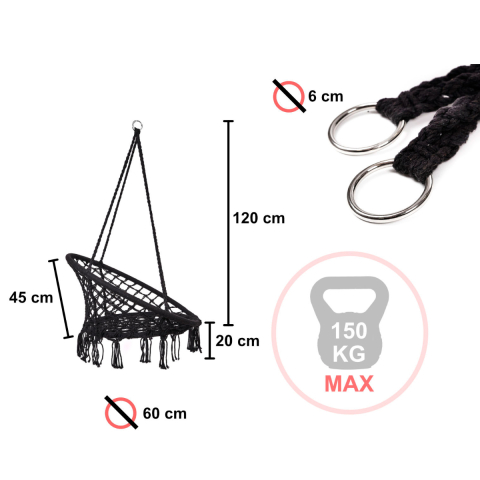 Leagan Suspendat Cuib de Barza cu Perne Moi, Scaun Hamac Interior/Exterior, Maxim 150kg, 80cm, Negru [4]