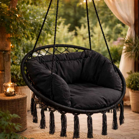 Leagan Suspendat Cuib de Barza cu Perne Moi, Scaun Hamac Interior/Exterior, Maxim 150kg, 80cm, Negru [1]