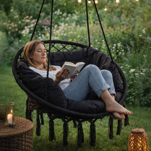 Leagan Suspendat Cuib de Barza cu Perne Moi, Scaun Hamac Interior/Exterior, Maxim 150kg, 80cm, Negru [2]