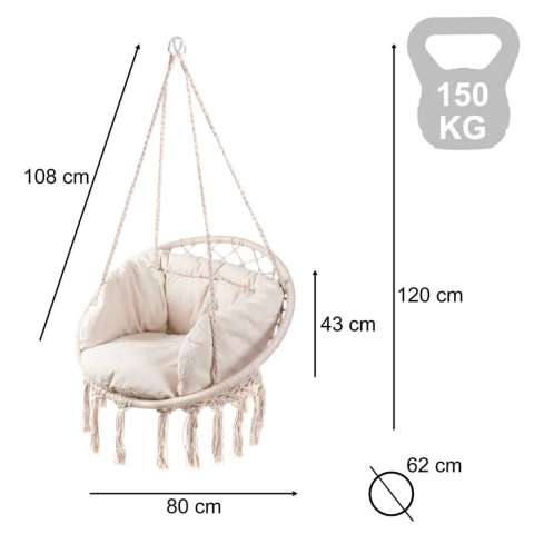Leagan Suspendat, Hamac cu Perne Moi, Balansoar Interior/Exterior, Bumbac, Maxim 150kg, Ecru [3]