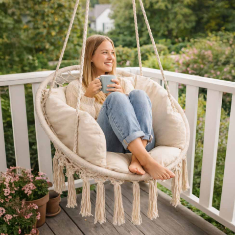 Leagan Suspendat, Hamac cu Perne Moi, Balansoar Interior/Exterior, Bumbac, Maxim 150kg, Ecru [2]