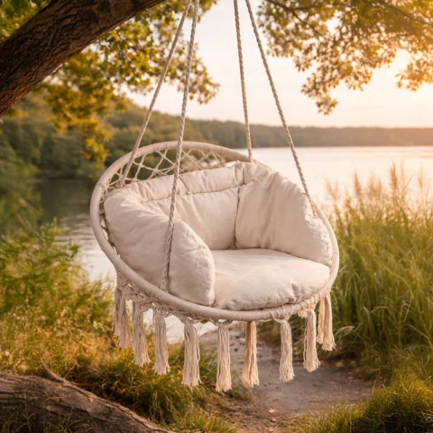 Leagan Suspendat, Hamac cu Perne Moi, Balansoar Interior/Exterior, Bumbac, Maxim 150kg, Ecru [1]