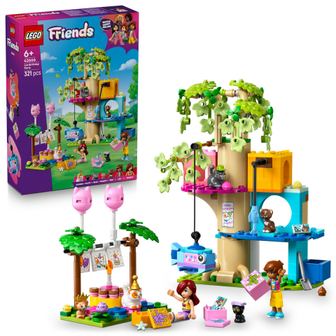 LEGO® -  LEGO Friends Petrecere de ziua de naştere a pisicii şi căsuţă în copac pentru copii cu varsta de 6 + ani