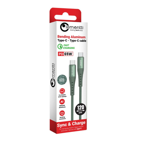 Laptop, Tablete & Telefoane - Lemontti Cablu Bending Aluminum Fast Charge Type-C la Type-C, PD 65W, 1.2m, Verde