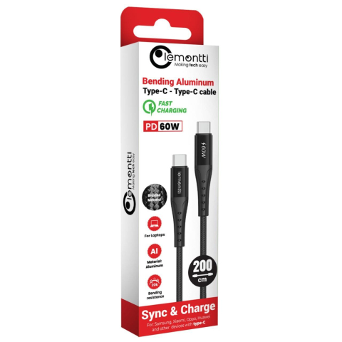 Lemontti Cablu Bending Aluminum Type-C la Type-C, Fast Charge, PD 60W, 2m, Negru [1]