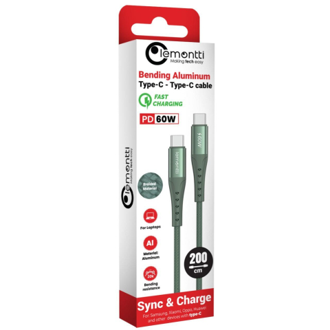 Laptop, Tablete & Telefoane - Lemontti Cablu Bending Aluminum Type-C la Type-C, Fast Charge, PD 60W, 2m, Verde