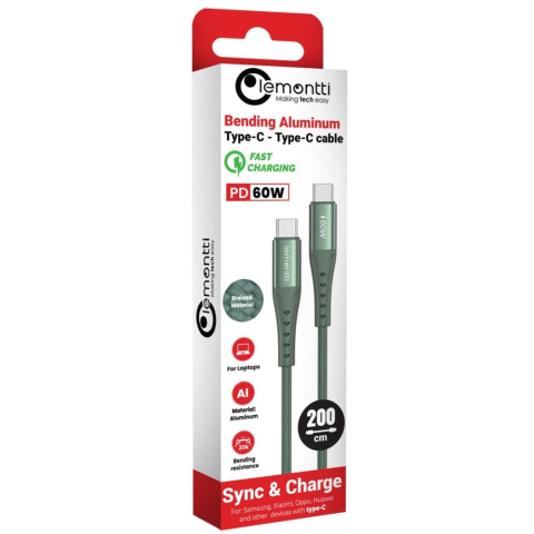 Lemontti Cablu Bending Aluminum Type-C la Type-C, Fast Charge, PD 60W, 2m, Verde [1]