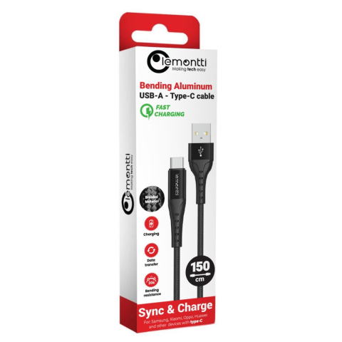 Lemontti Cablu Bending Aluminum USB-A la Type-C, Fast Charge, 1.5m, Negru [6]