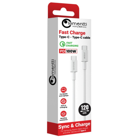 Lemontti Cablu Fast Charge Type-C la Type-C, PD, 100W, 1.2m, Alb [1]